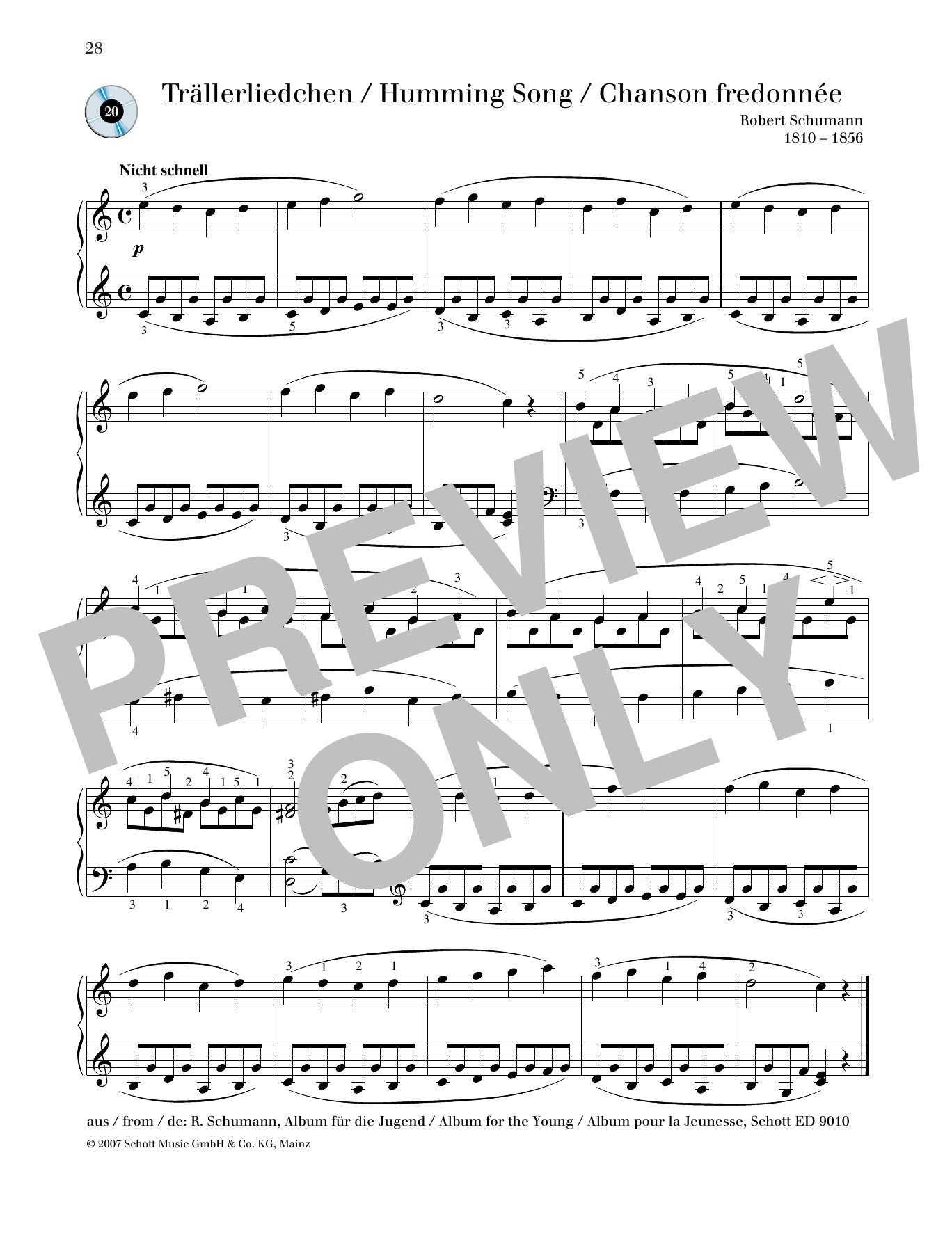 Robert Schumann Humming Song Sheet Music Notes & Chords for Piano Solo - Download or Print PDF