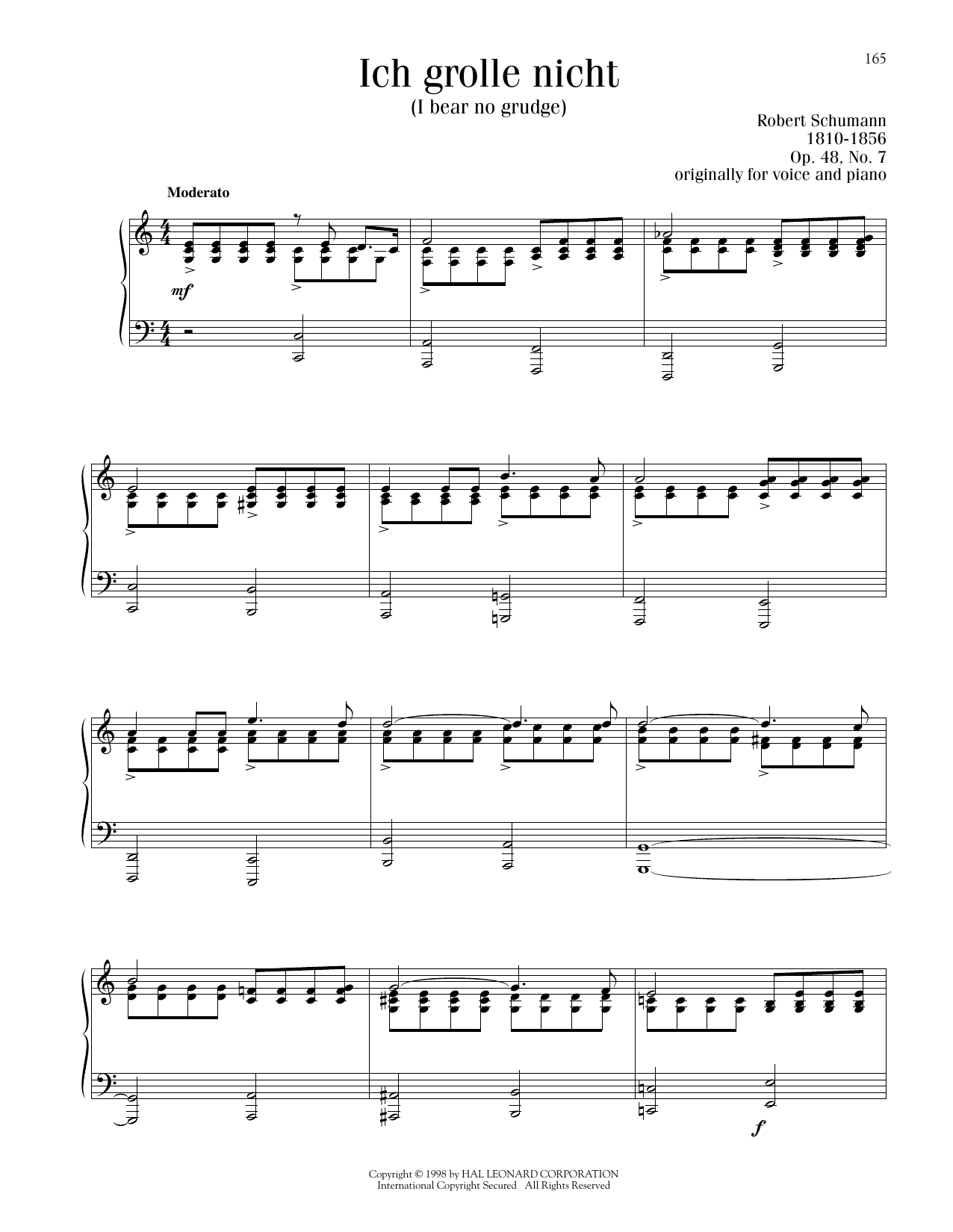 Robert Schumann Ich Grolle Nicht (I Bear No Grudge) Sheet Music Notes & Chords for Piano Solo - Download or Print PDF