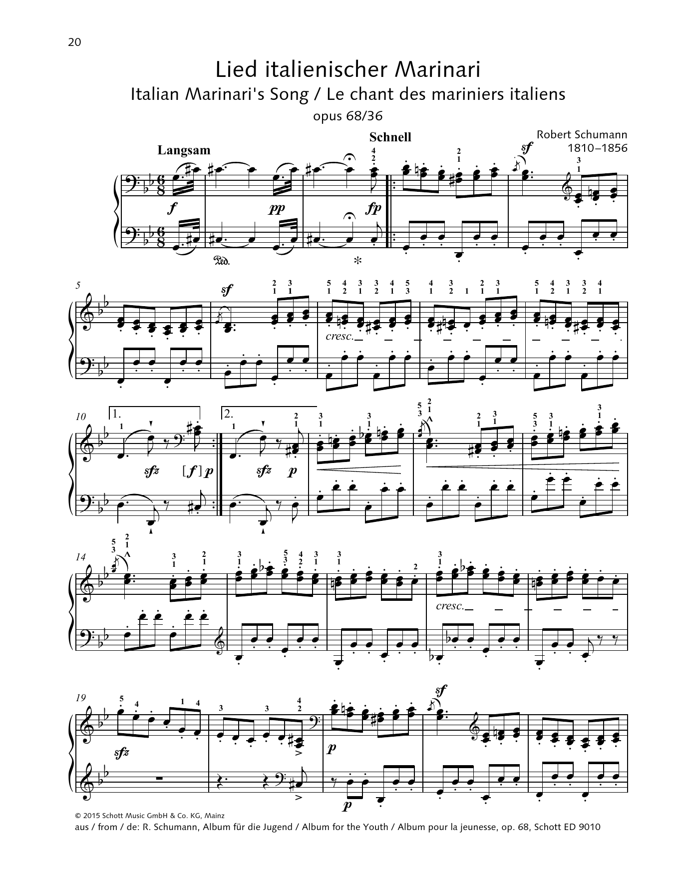 Robert Schumann Italian Marinari's Song Sheet Music Notes & Chords for Piano Solo - Download or Print PDF