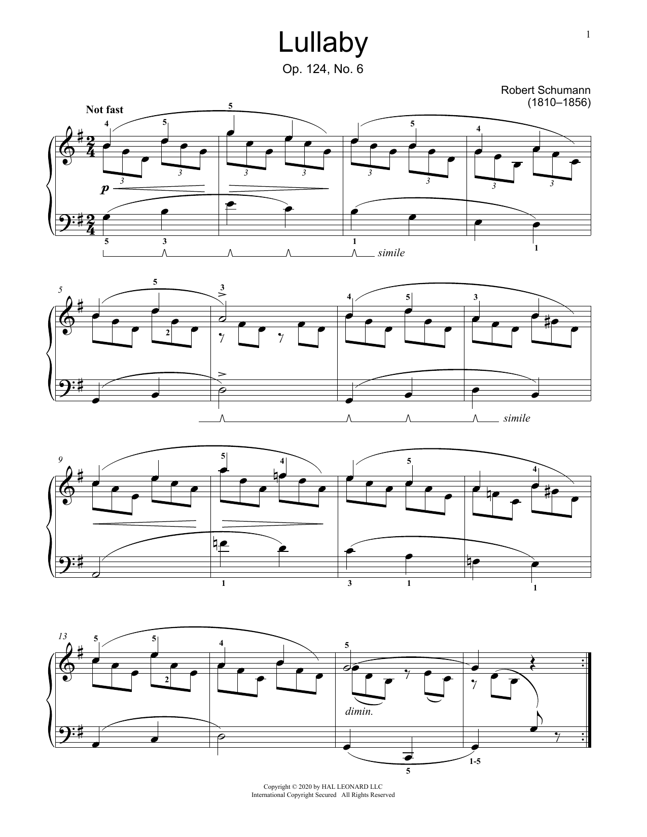 Robert Schumann Little Lullaby, Op. 124, No. 6 Sheet Music Notes & Chords for Educational Piano - Download or Print PDF