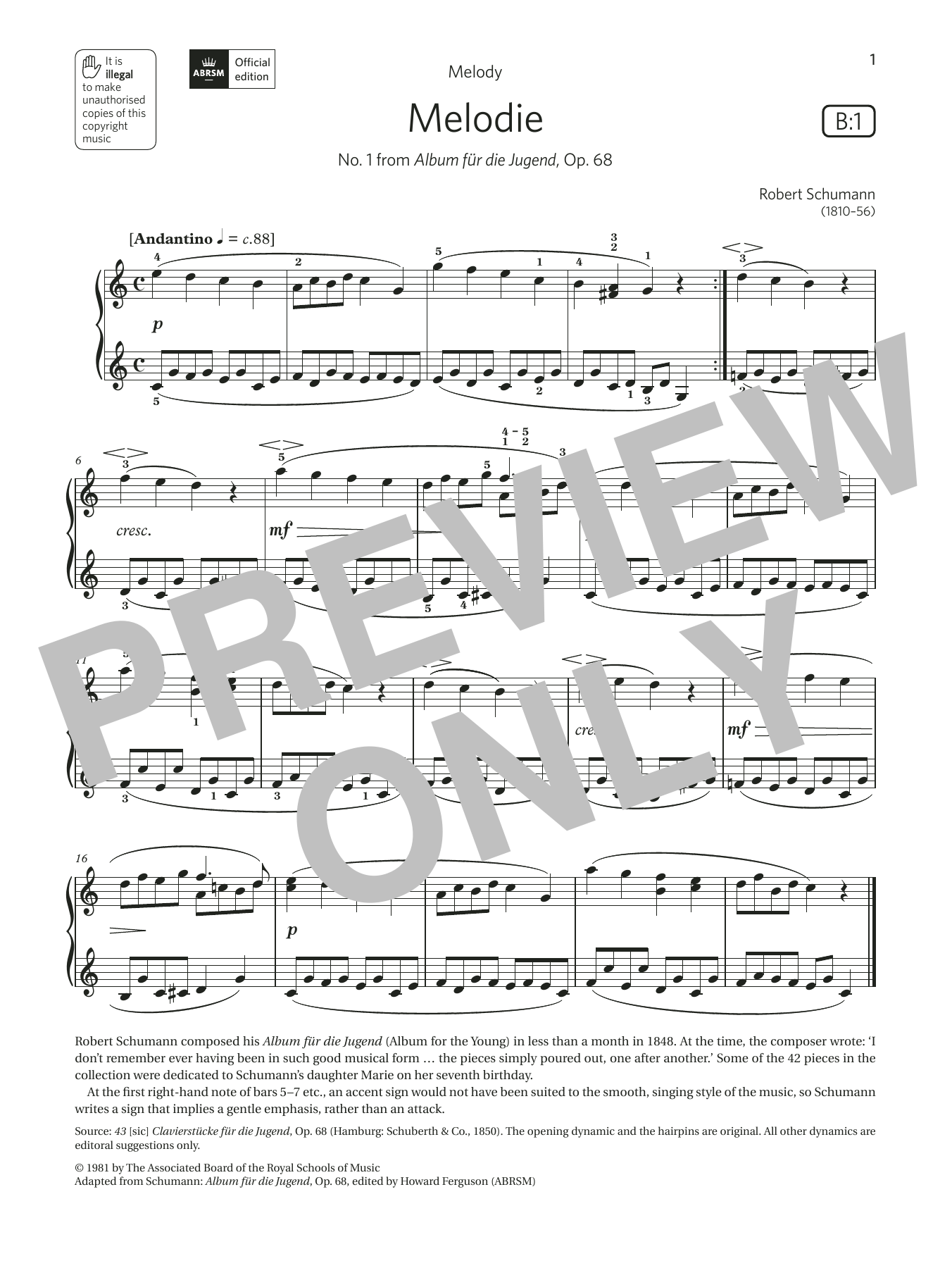 Robert Schumann Melodie (Grade 1, list B1, from the ABRSM Piano Syllabus 2021 & 2022) Sheet Music Notes & Chords for Piano Solo - Download or Print PDF