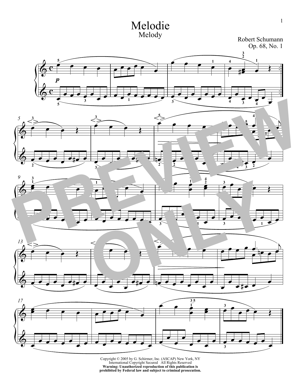 Robert Schumann Melody, Op. 68, No. 1 Sheet Music Notes & Chords for Piano - Download or Print PDF