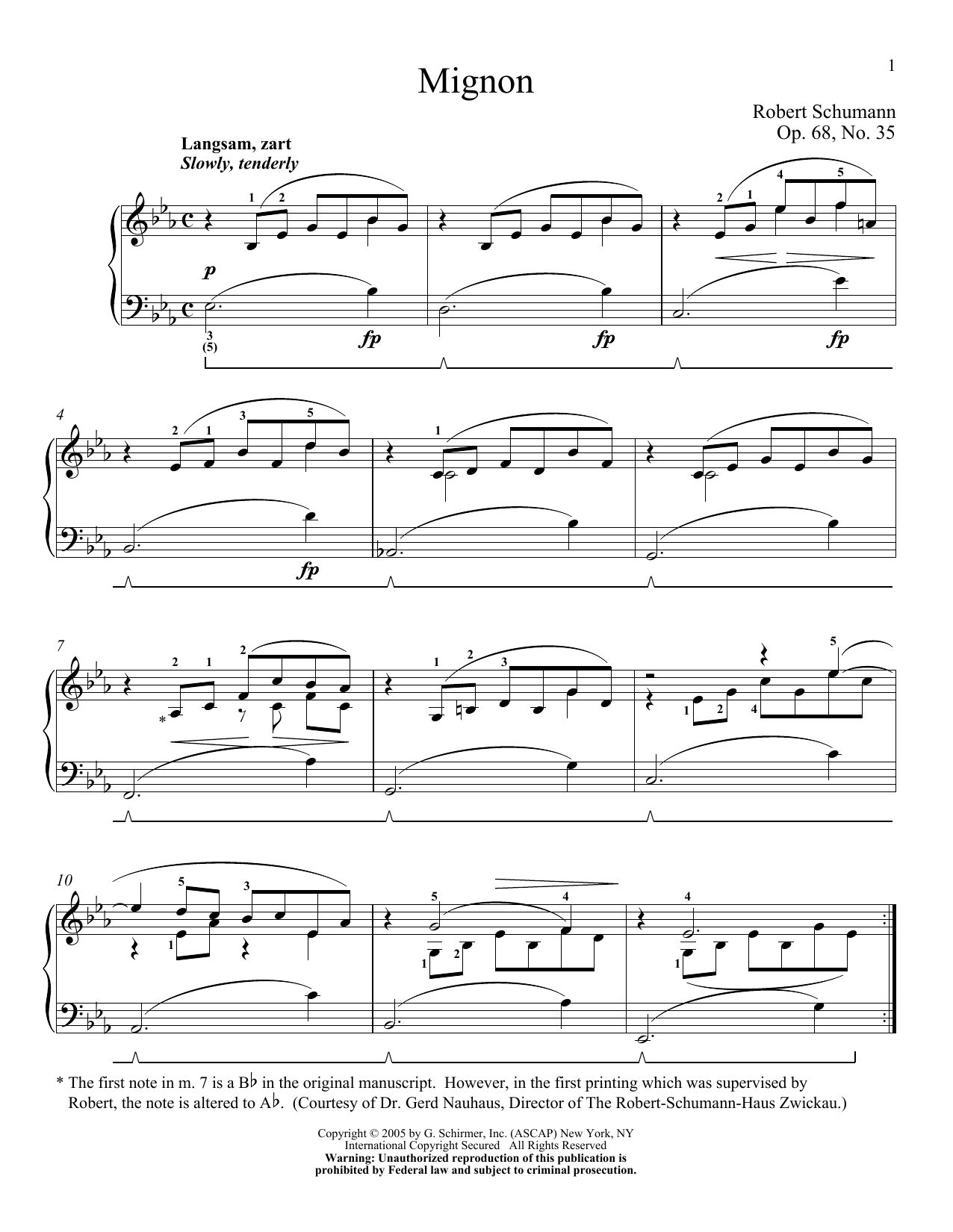 Robert Schumann Mignon, Op. 68, No. 35 Sheet Music Notes & Chords for Piano - Download or Print PDF