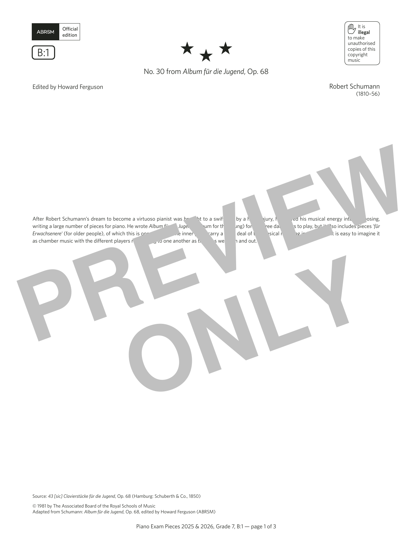 Robert Schumann No 30 from Album fur die Jugend Op 68 (Grade 7, list B1, from the ABRSM Piano Syllabus 2025 & 2026) Sheet Music Notes & Chords for Piano Solo - Download or Print PDF