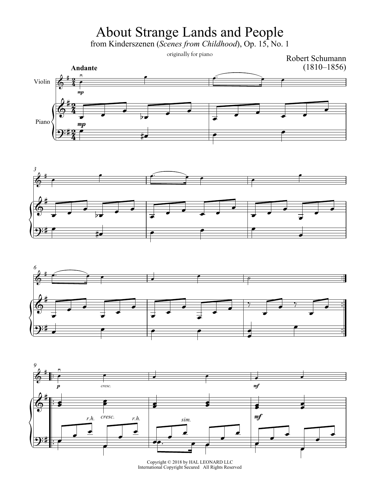 Robert Schumann Of Strange Lands And People, Op. 15, No. 1 Sheet Music Notes & Chords for Violin and Piano - Download or Print PDF