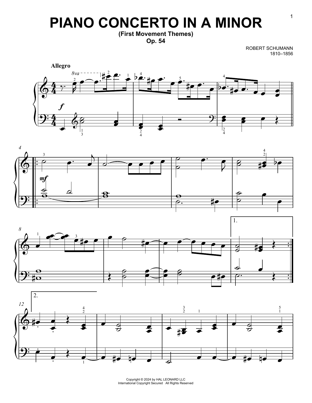 Robert Schumann Piano Concerto In A Minor, First Movement Sheet Music Notes & Chords for Easy Piano - Download or Print PDF
