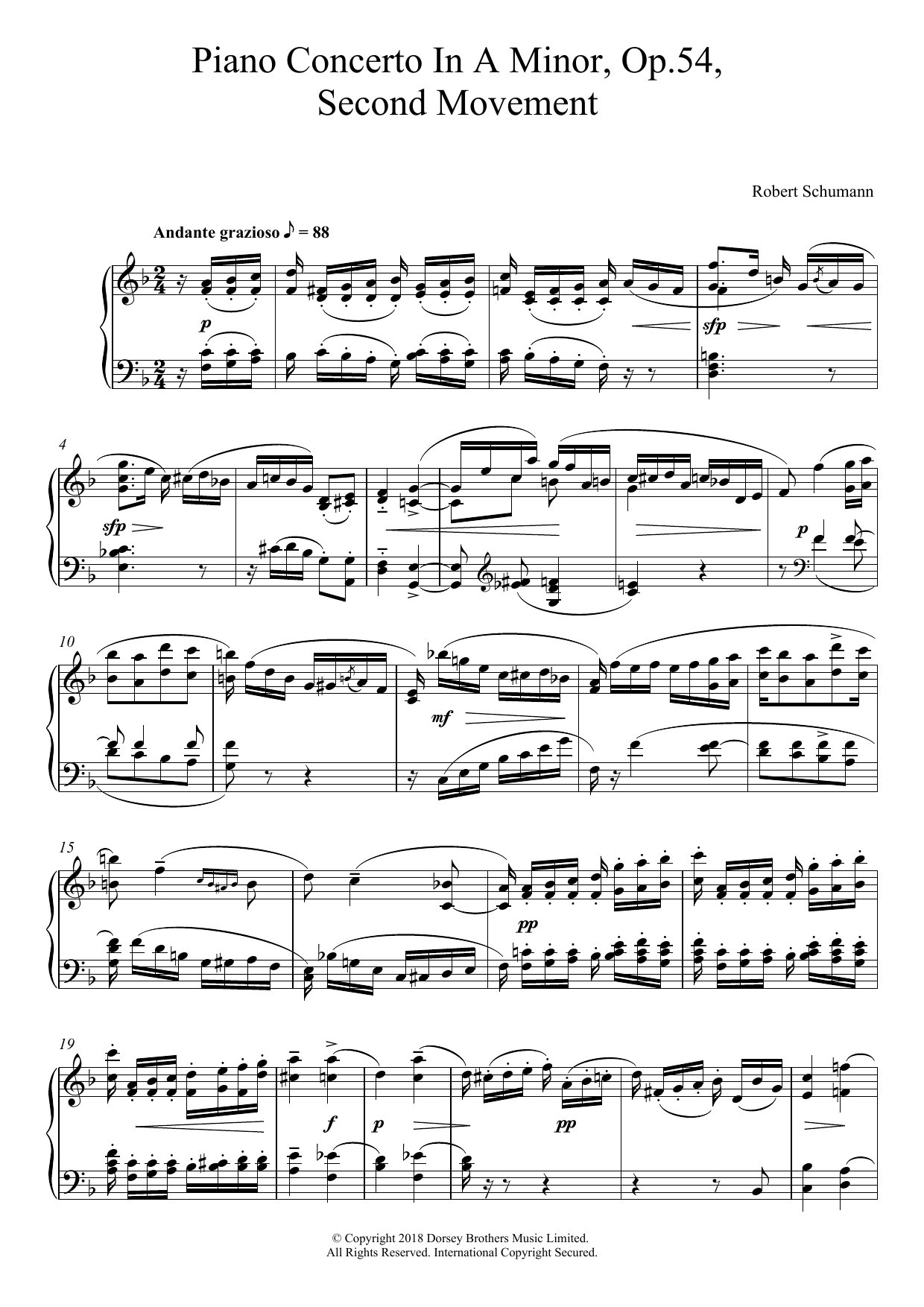 Robert Schumann Piano Concerto In A Minor, Op.54, Second Movement Sheet Music Notes & Chords for Piano - Download or Print PDF Robert Schumann Piano Concerto In A Minor, Op.54, Second Movement Sheet Music Notes & Chords for Piano - Download or Print PDF