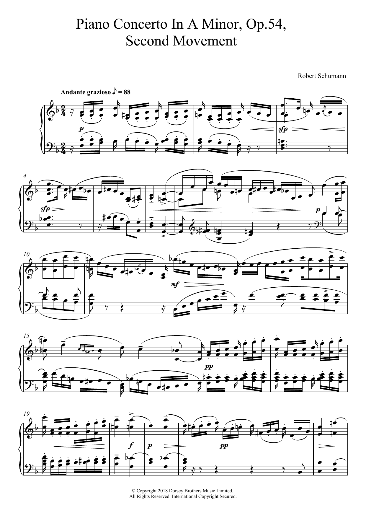 Robert Schumann Piano Concerto In A Minor, Op.54, Second Movement Sheet Music Notes & Chords for Piano - Download or Print PDF