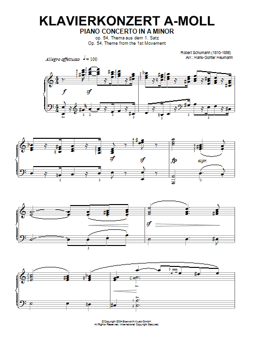 Robert Schumann Piano Concerto In A Minor, Op.54, theme from the First Movement Sheet Music Notes & Chords for Piano - Download or Print PDF