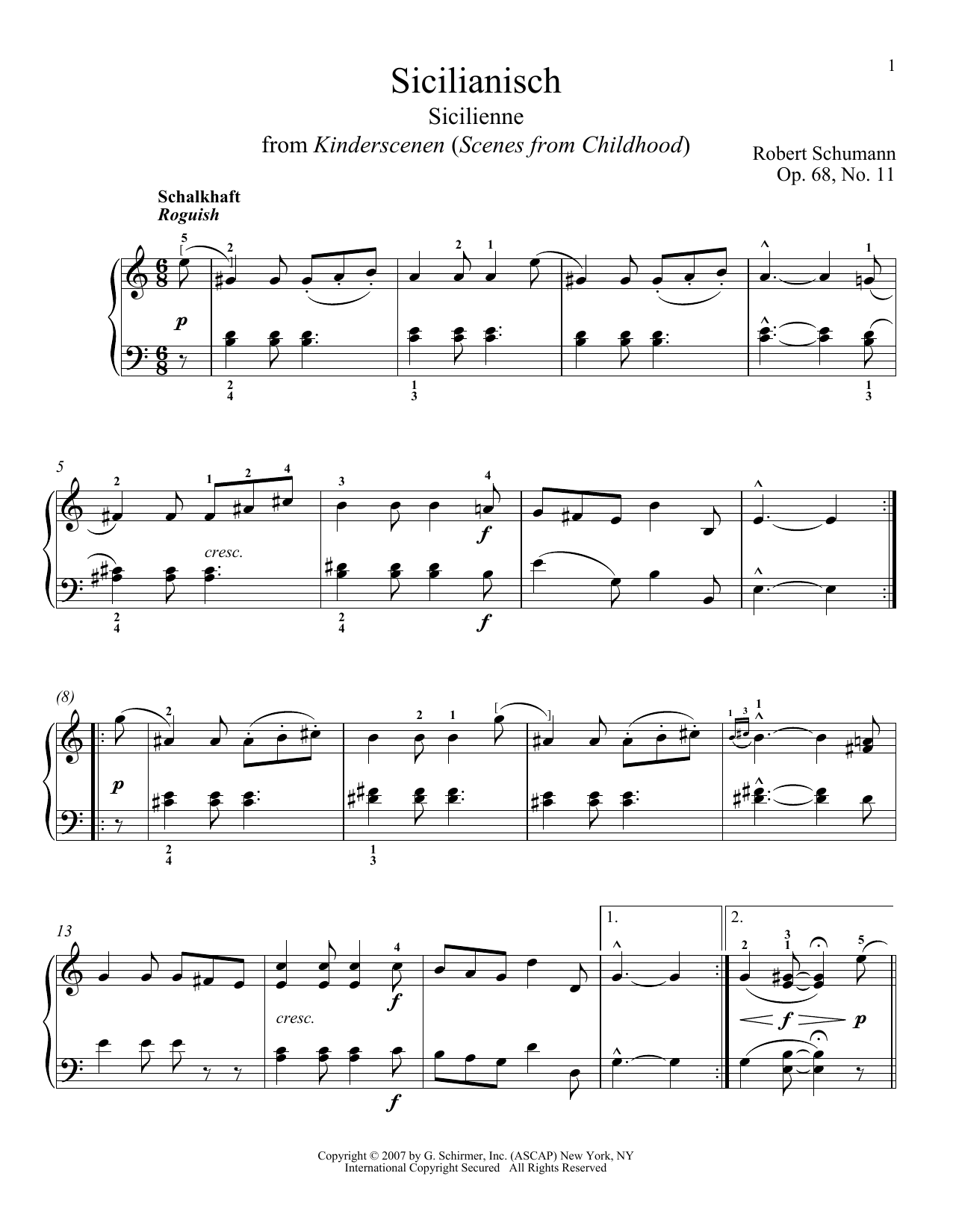 Robert Schumann Sicilienne, Op. 68, No. 11 Sheet Music Notes & Chords for Piano - Download or Print PDF