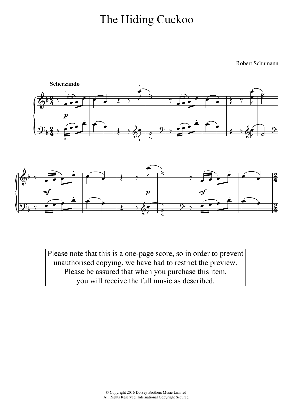 Robert Schumann The Hiding Cuckoo Sheet Music Notes & Chords for Easy Piano - Download or Print PDF