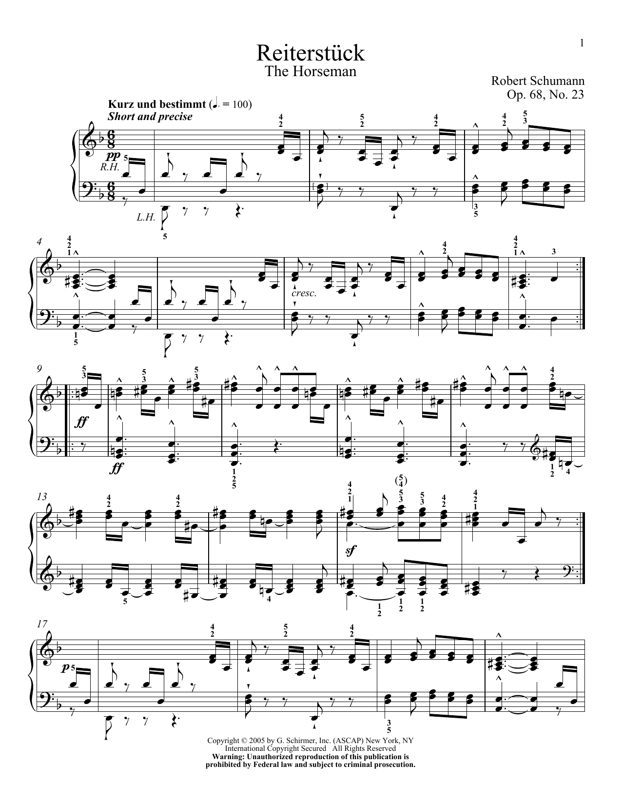 Robert Schumann The Horseman, Op. 68, No. 23 Sheet Music Notes & Chords for Piano - Download or Print PDF