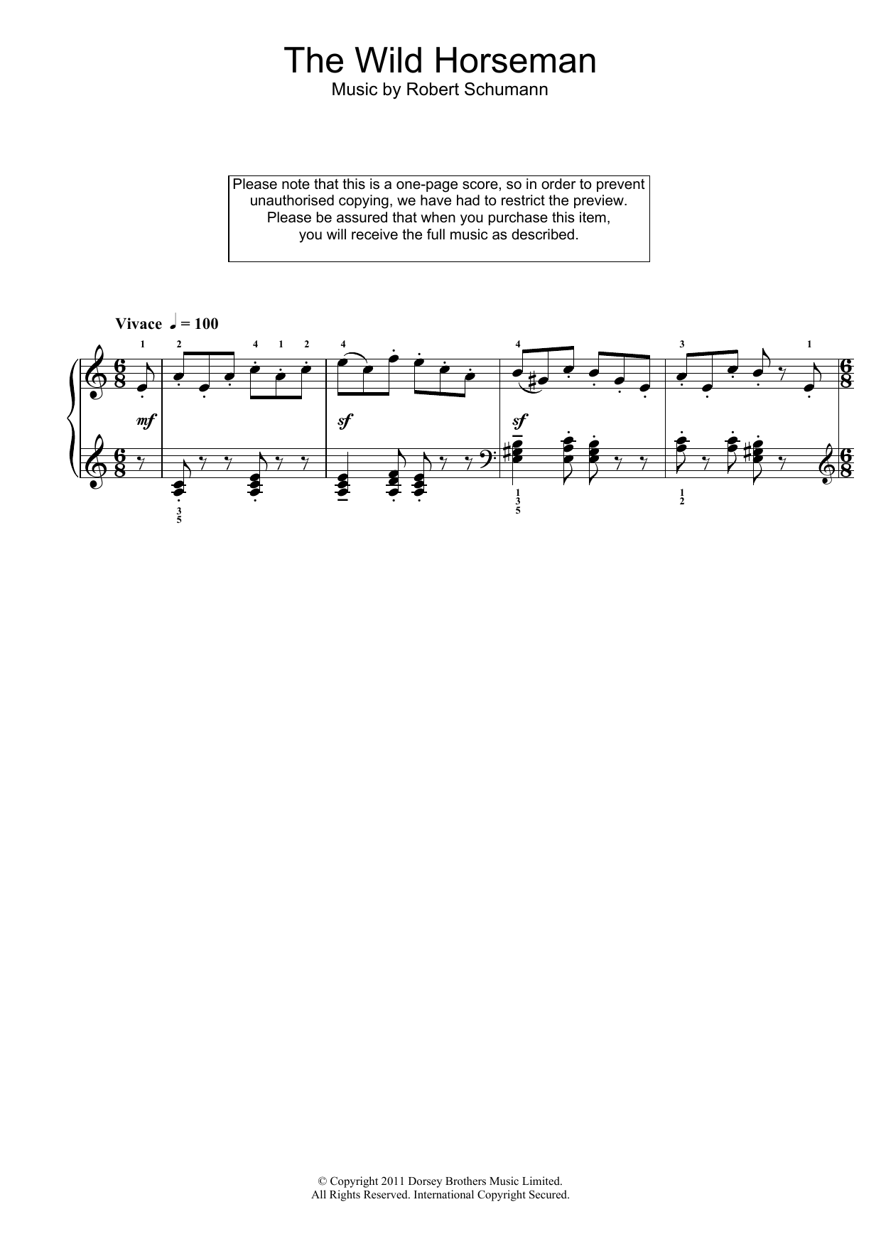 Robert Schumann The Wild Horseman Sheet Music Notes & Chords for Piano - Download or Print PDF