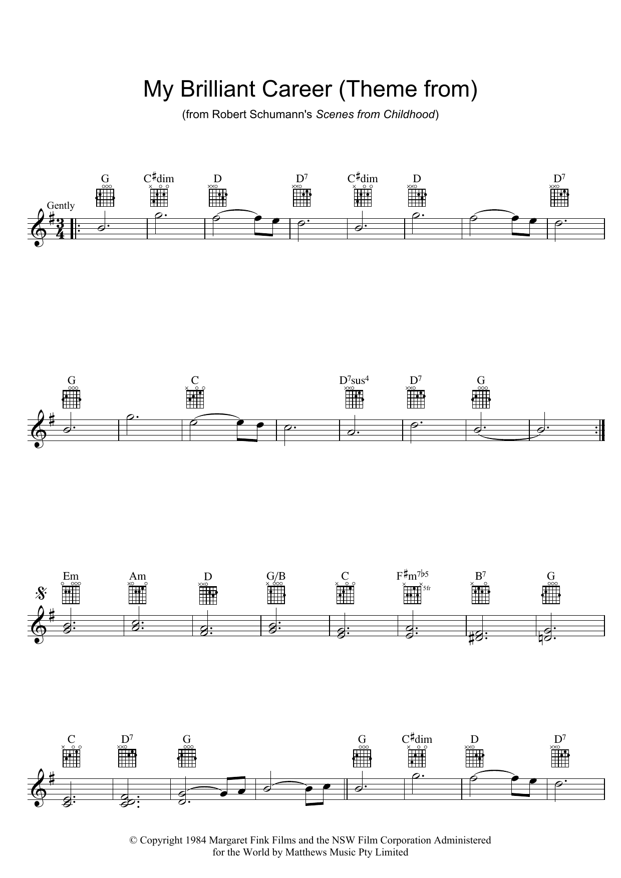 Robert Schumann Theme From My Brilliant Career Sheet Music Notes & Chords for Melody Line, Lyrics & Chords - Download or Print PDF