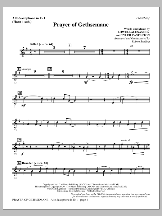 Robert Sterling Prayer Of Gethsemane - Alto Sax 1 (sub. Horn 1) Sheet Music Notes & Chords for Choir Instrumental Pak - Download or Print PDF