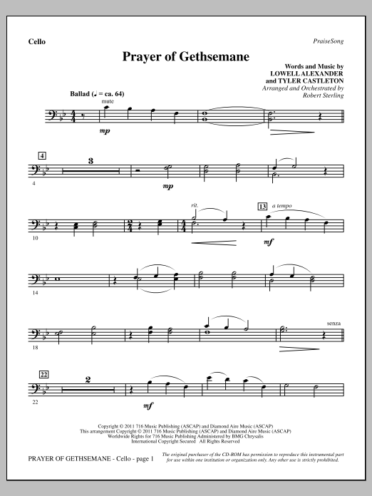 Robert Sterling Prayer Of Gethsemane - Cello Sheet Music Notes & Chords for Choir Instrumental Pak - Download or Print PDF