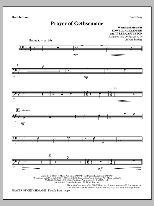 Robert Sterling Prayer Of Gethsemane - Double Bass Sheet Music Notes & Chords for Choir Instrumental Pak - Download or Print PDF