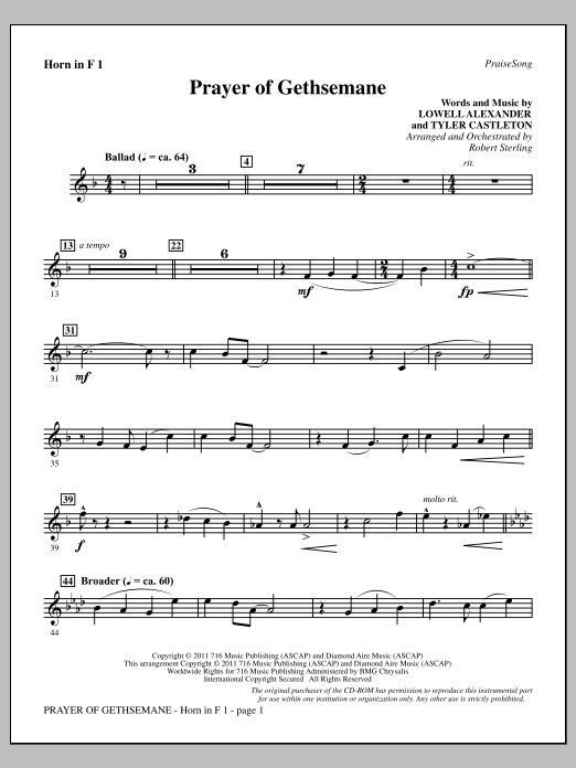 Robert Sterling Prayer Of Gethsemane - F Horn 1 Sheet Music Notes & Chords for Choir Instrumental Pak - Download or Print PDF