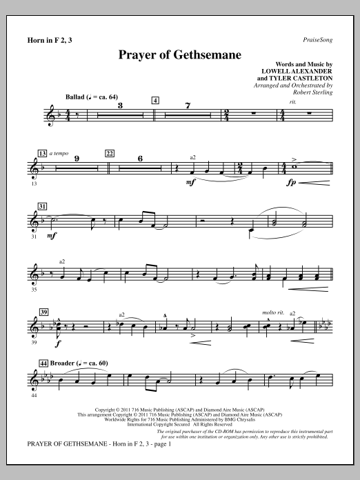 Robert Sterling Prayer Of Gethsemane - F Horn 2,3 Sheet Music Notes & Chords for Choir Instrumental Pak - Download or Print PDF