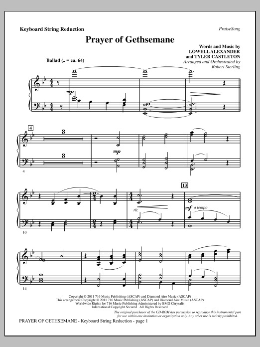 Robert Sterling Prayer Of Gethsemane - Keyboard String Reduction Sheet Music Notes & Chords for Choir Instrumental Pak - Download or Print PDF
