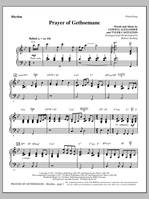 Robert Sterling Prayer Of Gethsemane - Rhythm Sheet Music Notes & Chords for Choir Instrumental Pak - Download or Print PDF