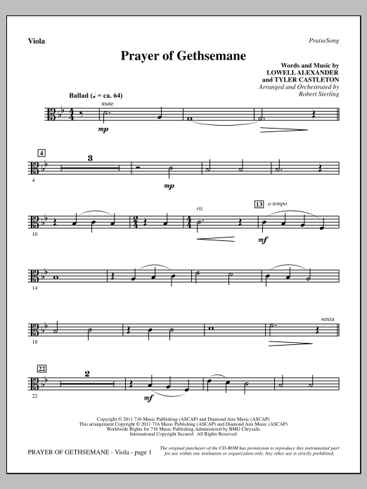 Robert Sterling Prayer Of Gethsemane - Viola Sheet Music Notes & Chords for Choir Instrumental Pak - Download or Print PDF