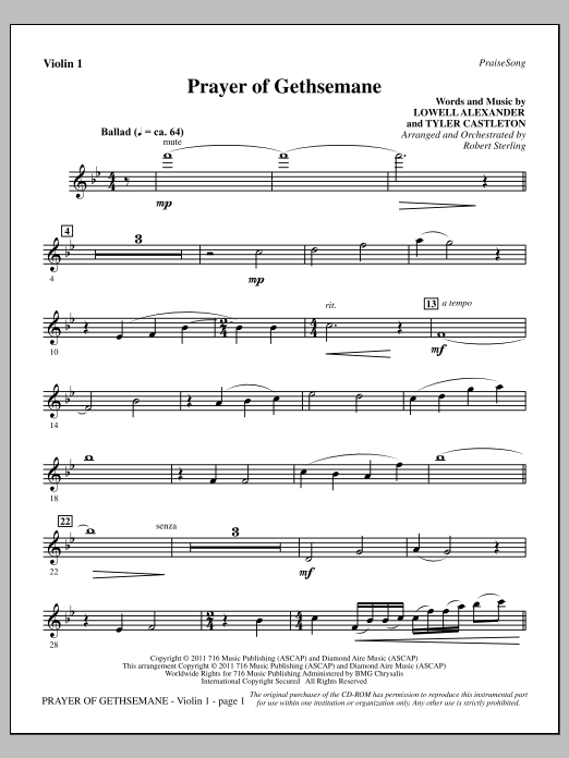 Robert Sterling Prayer Of Gethsemane - Violin 1 Sheet Music Notes & Chords for Choir Instrumental Pak - Download or Print PDF