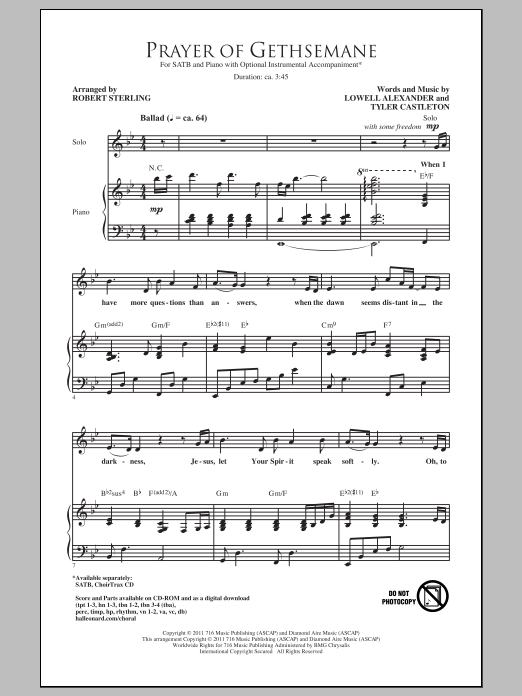 Lowell Alexander Prayer Of Gethsemane (arr. Robert Sterling) Sheet Music Notes & Chords for SATB - Download or Print PDF