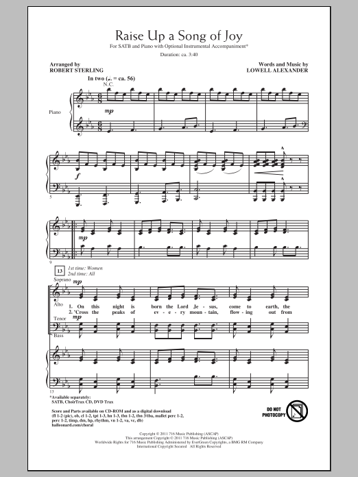 Lowell Alexander Raise Up A Song Of Joy (arr. Robert Sterling) Sheet Music Notes & Chords for SATB - Download or Print PDF