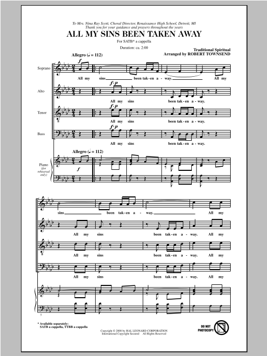 Traditional Spiritual All My Sins Been Taken Away (arr. Robert T. Townsend) Sheet Music Notes & Chords for SATB - Download or Print PDF