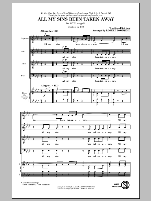 Traditional Spiritual All My Sins Been Taken Away (arr. Robert T. Townsend) Sheet Music Notes & Chords for TTBB - Download or Print PDF