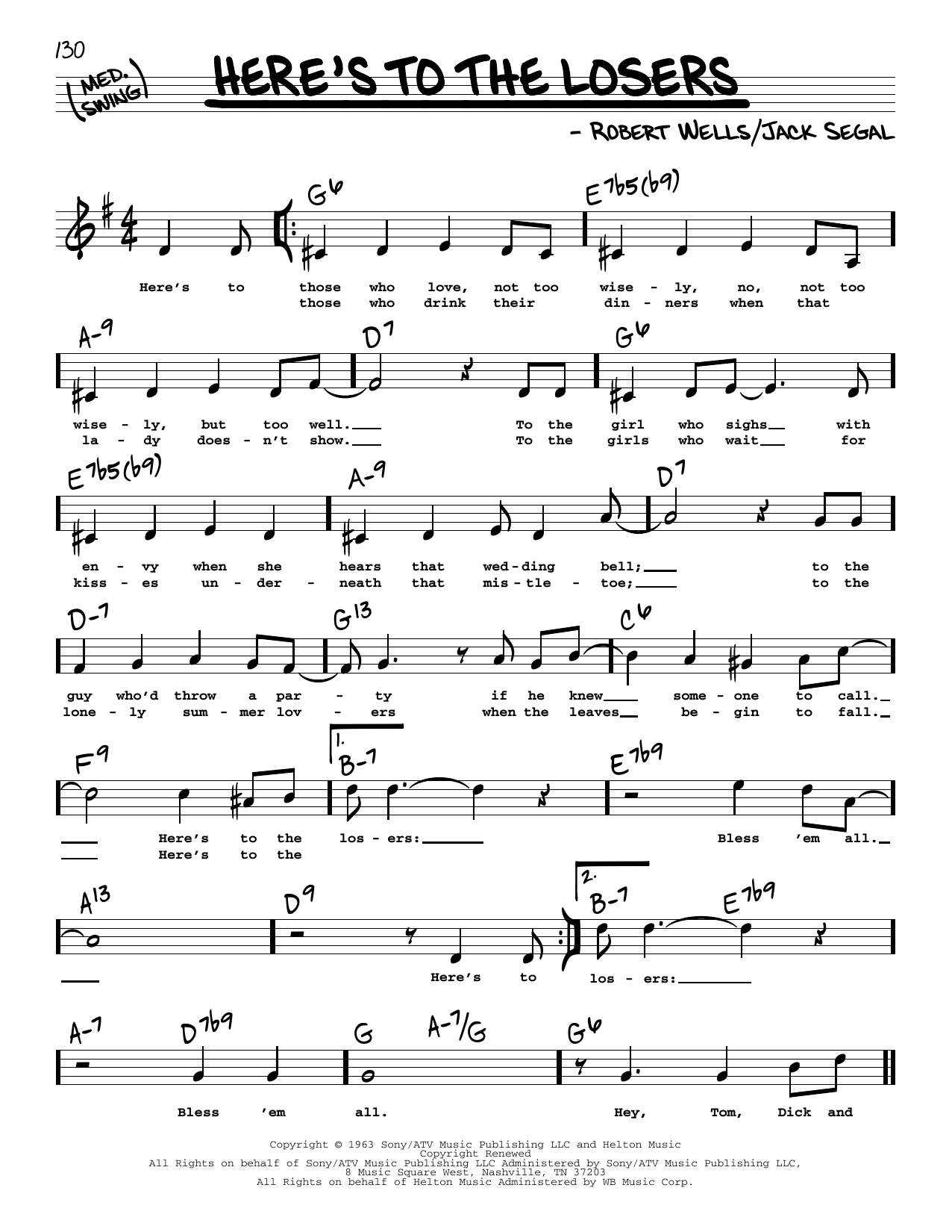 Robert Wells Here's To The Losers (High Voice) Sheet Music Notes & Chords for Real Book – Melody, Lyrics & Chords - Download or Print PDF