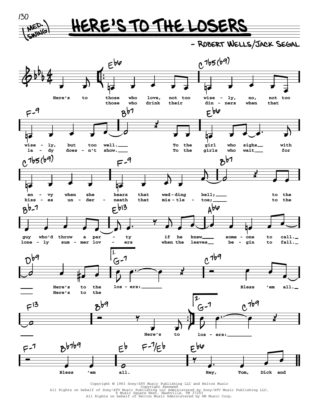 Robert Wells Here's To The Losers (Low Voice) Sheet Music Notes & Chords for Real Book – Melody, Lyrics & Chords - Download or Print PDF