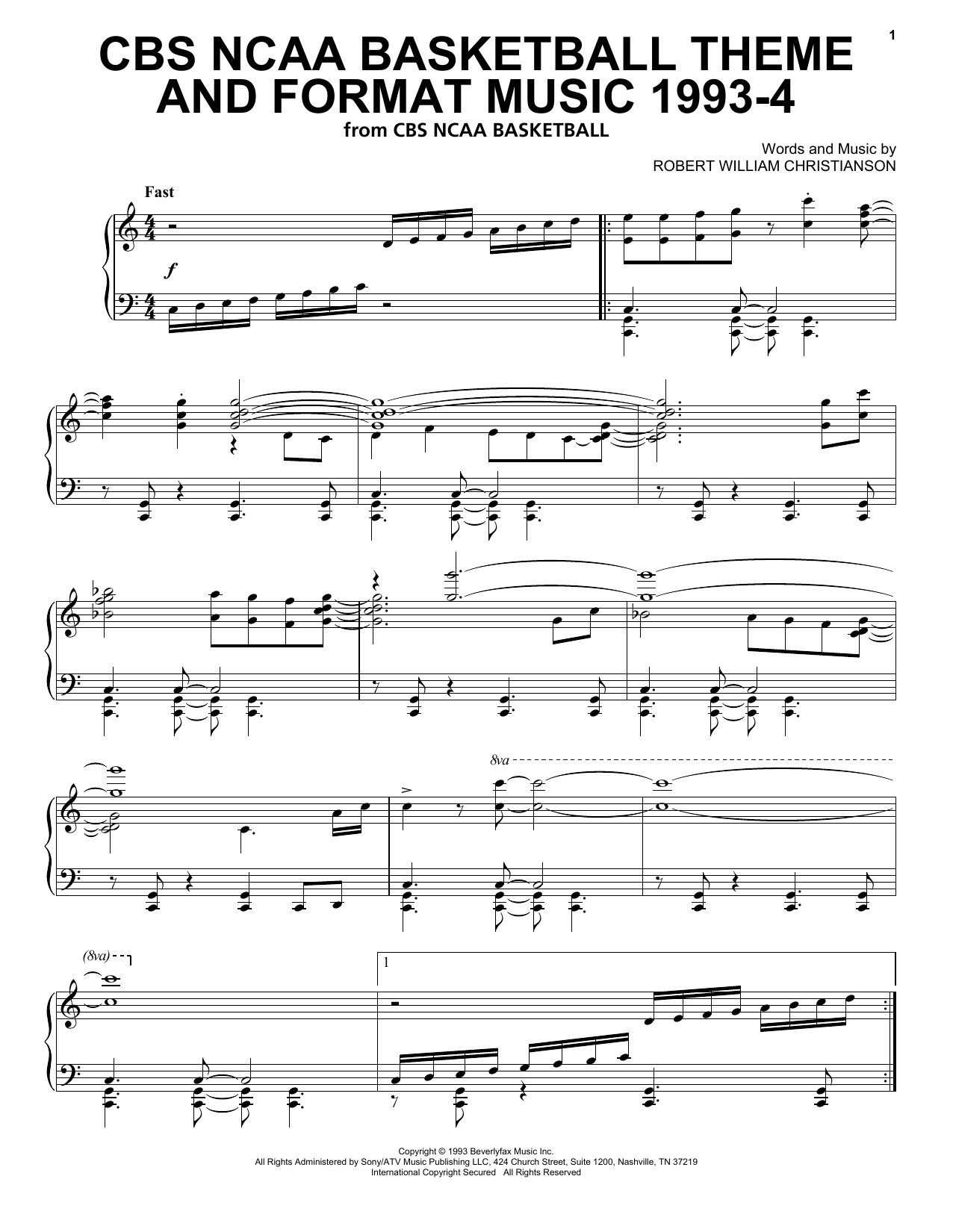 Robert William Christianson CBS NCAA Basketball Theme And Format Music 1993-4 Sheet Music Notes & Chords for Piano Solo - Download or Print PDF