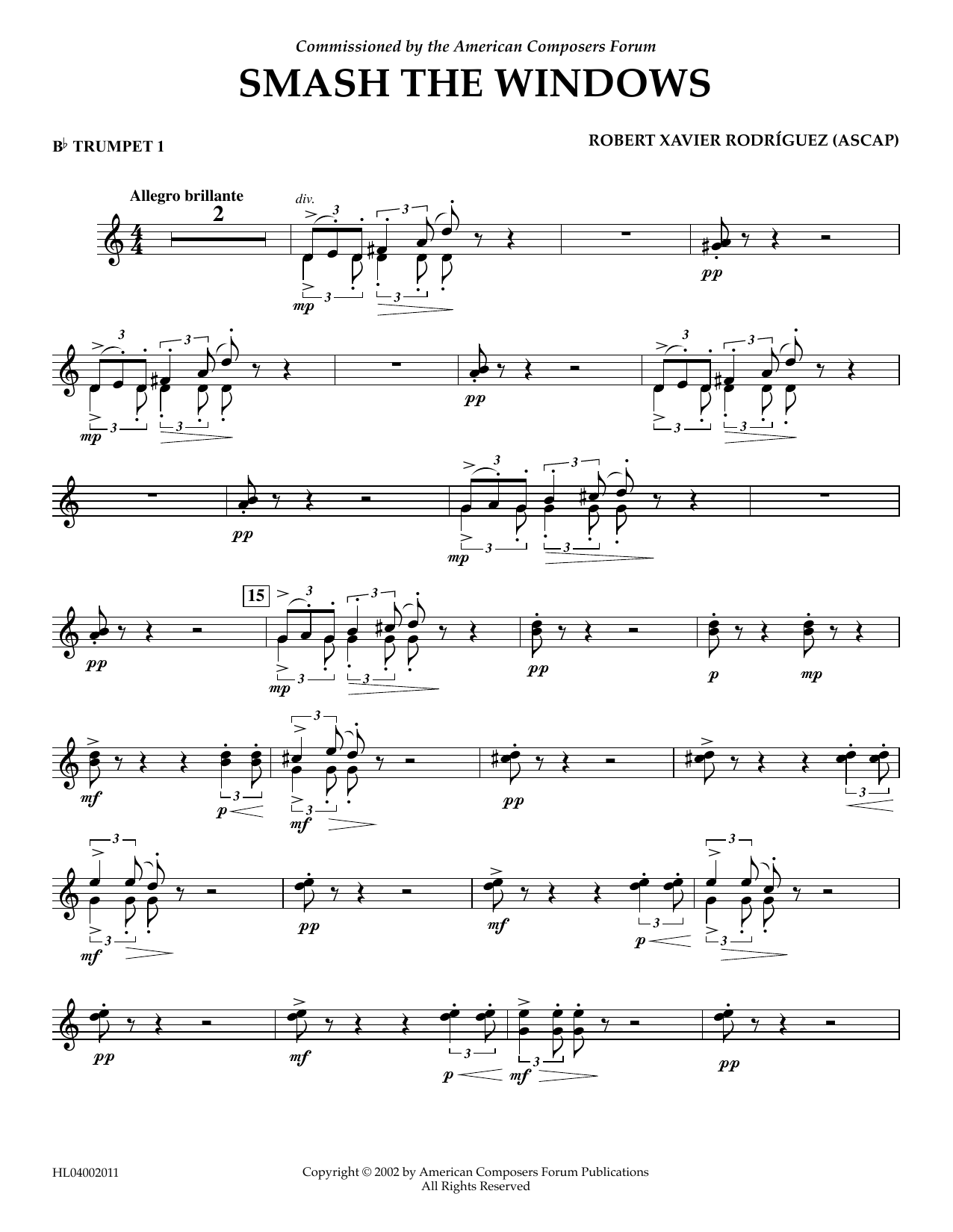 Robert Xavier Rodríguez Smash the Windows - Bb Trumpet 1 Sheet Music Notes & Chords for Concert Band - Download or Print PDF