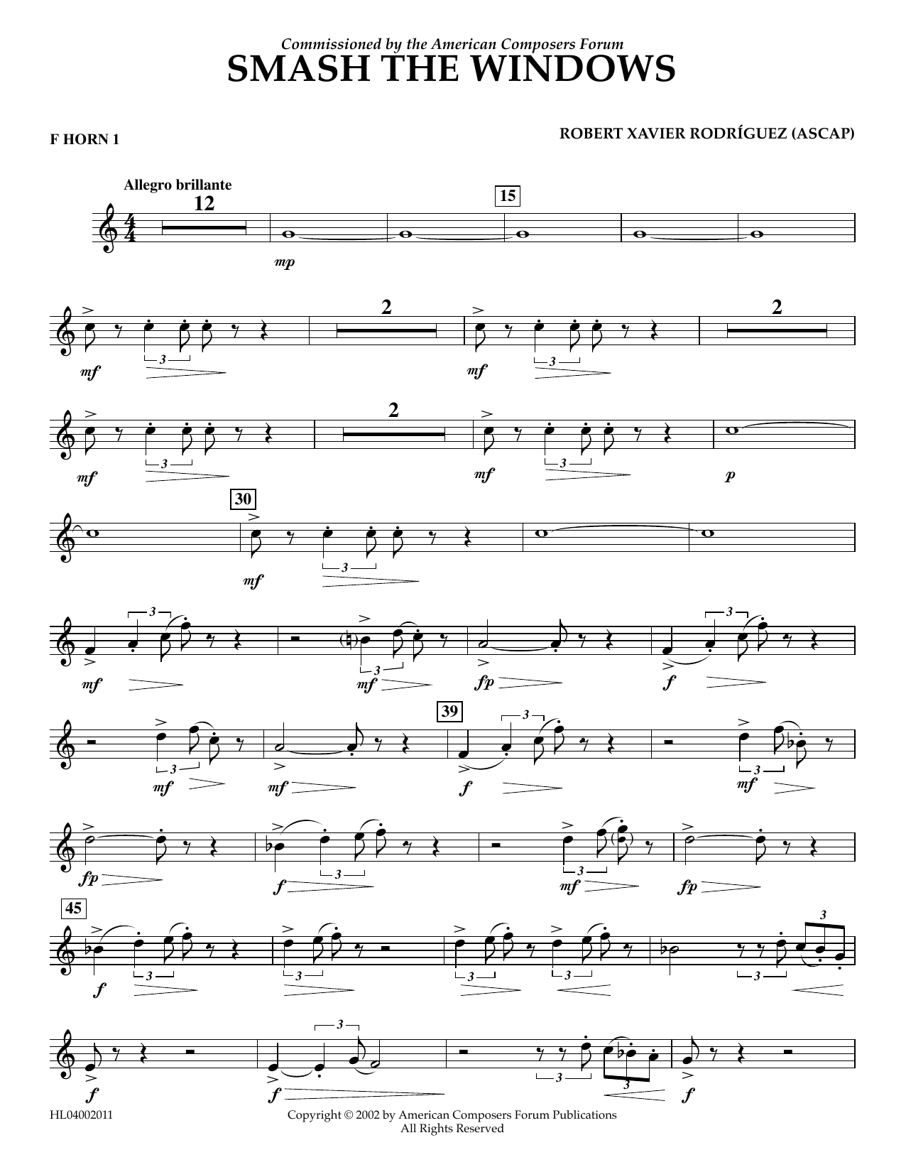 Robert Xavier Rodríguez Smash the Windows - F Horn 1 Sheet Music Notes & Chords for Concert Band - Download or Print PDF