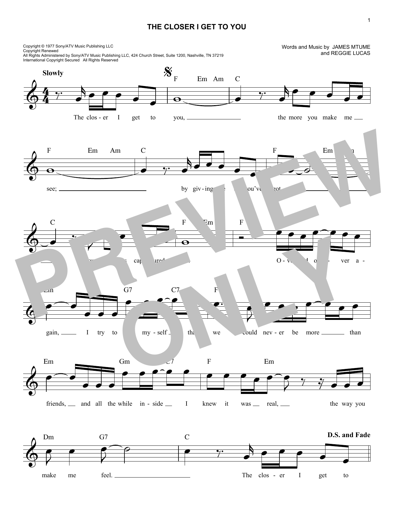 Roberta Flack and Donny Hathaway The Closer I Get To You Sheet Music Notes & Chords for Melody Line, Lyrics & Chords - Download or Print PDF