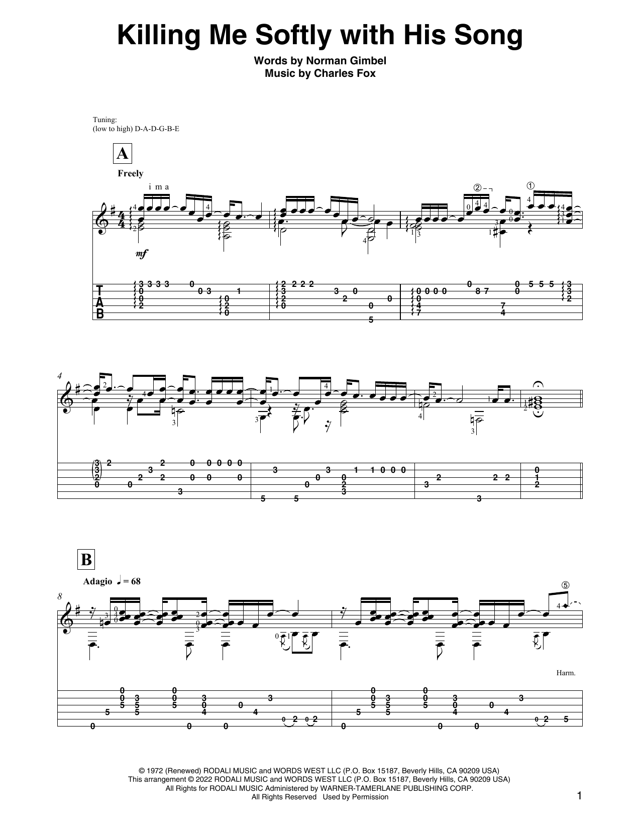 Roberta Flack Killing Me Softly With His Song (arr. David Jaggs) Sheet Music Notes & Chords for Solo Guitar - Download or Print PDF