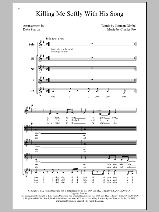 Roberta Flack Killing Me Softly With His Song (arr. Deke Sharon) Sheet Music Notes & Chords for SATB - Download or Print PDF