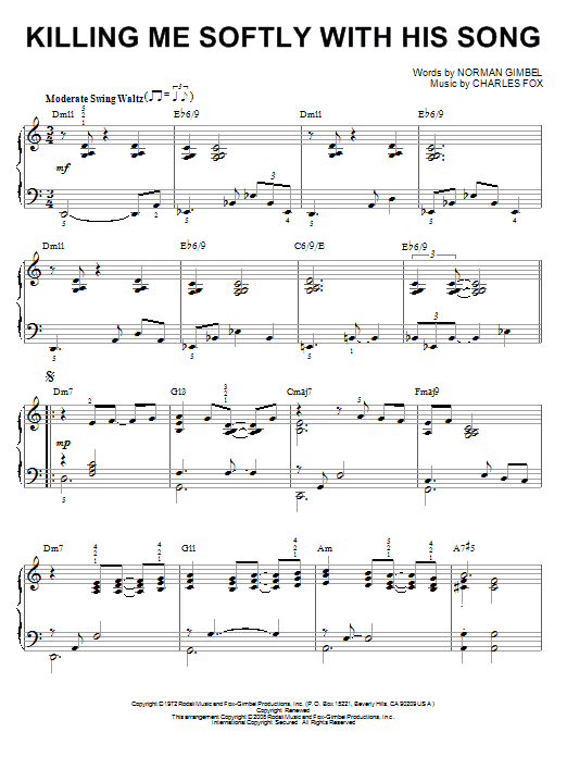 Roberta Flack Killing Me Softly With His Song [Jazz version] (arr. Brent Edstrom) Sheet Music Notes & Chords for Piano - Download or Print PDF