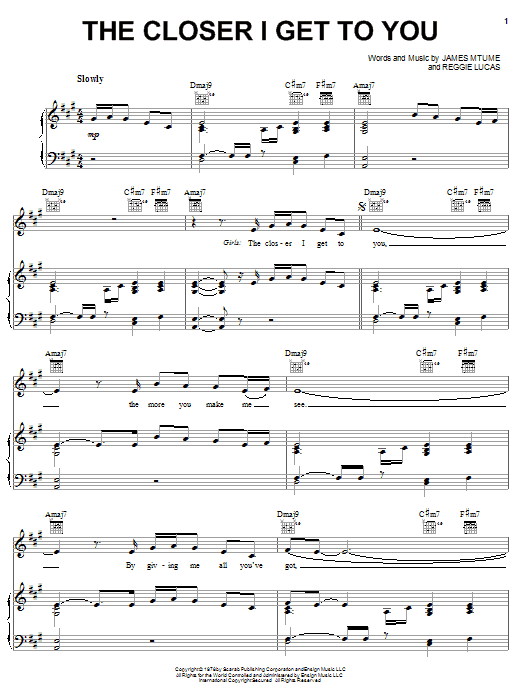 Roberta Flack The Closer I Get To You Sheet Music Notes & Chords for Piano, Vocal & Guitar (Right-Hand Melody) - Download or Print PDF