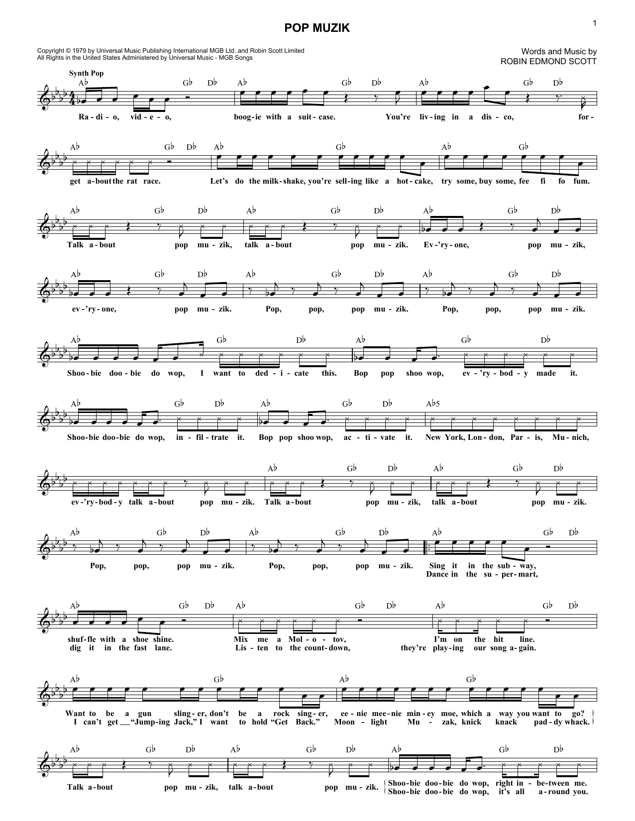 Robin Edmond Scott Pop Muzik Sheet Music Notes & Chords for Melody Line, Lyrics & Chords - Download or Print PDF
