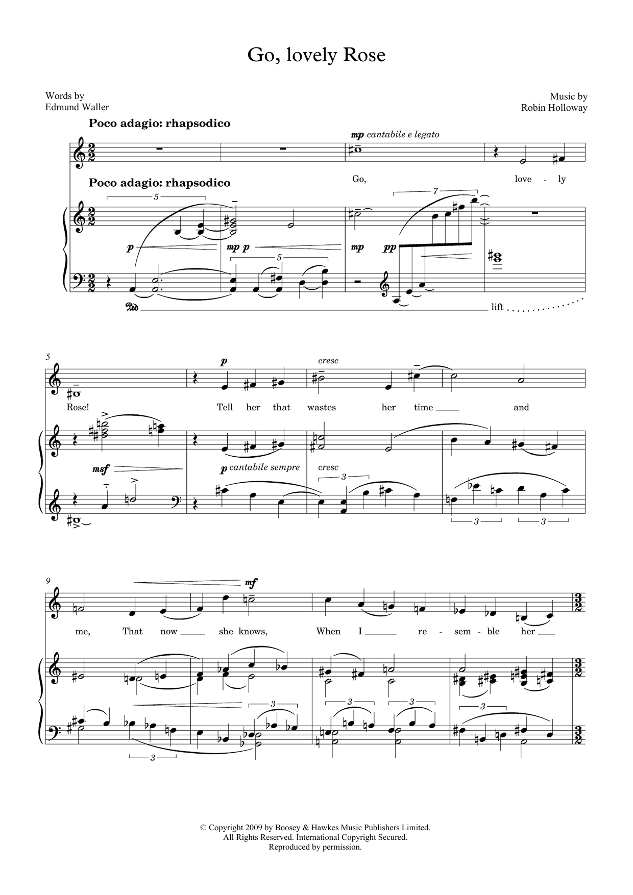 Robin Holloway Go, lovely Rose (for mezzo-soprano and piano) Sheet Music Notes & Chords for Piano & Vocal - Download or Print PDF