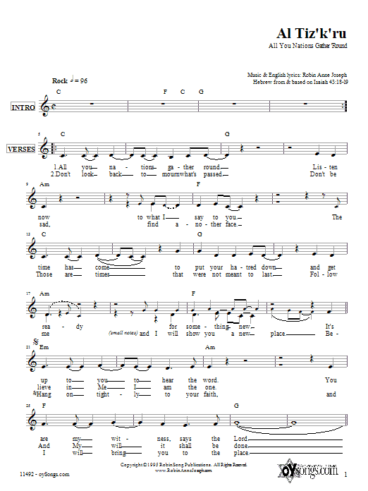 Robin Joseph Al Tiz'k'ru Sheet Music Notes & Chords for Melody Line, Lyrics & Chords - Download or Print PDF