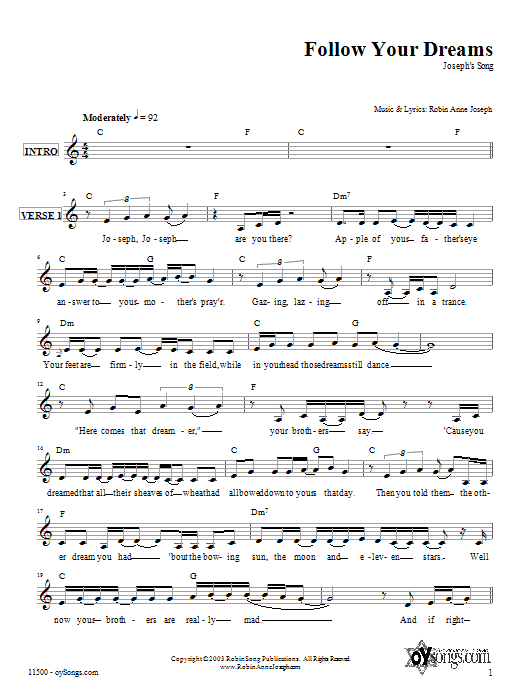 Robin Joseph Follow Your Dreams (Joseph's Song) Sheet Music Notes & Chords for Melody Line, Lyrics & Chords - Download or Print PDF