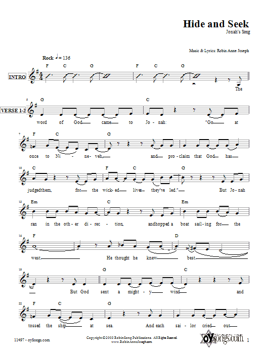 Robin Joseph Hide and Seek (Jonah's Song) Sheet Music Notes & Chords for Melody Line, Lyrics & Chords - Download or Print PDF
