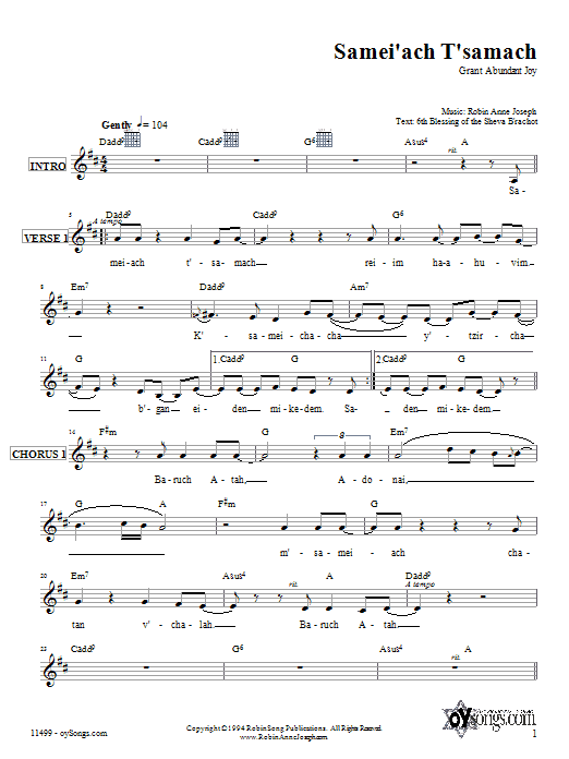 Robin Joseph Samei'ach T'samach Sheet Music Notes & Chords for Melody Line, Lyrics & Chords - Download or Print PDF