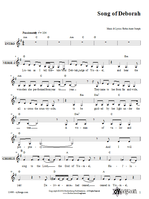 Robin Joseph Song of Deborah Sheet Music Notes & Chords for Melody Line, Lyrics & Chords - Download or Print PDF