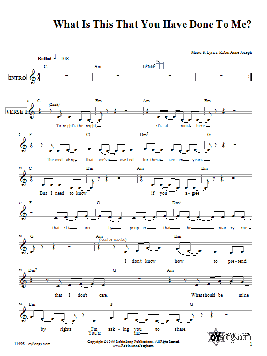 Robin Joseph What Is This That You Have Done To Me? Sheet Music Notes & Chords for Melody Line, Lyrics & Chords - Download or Print PDF