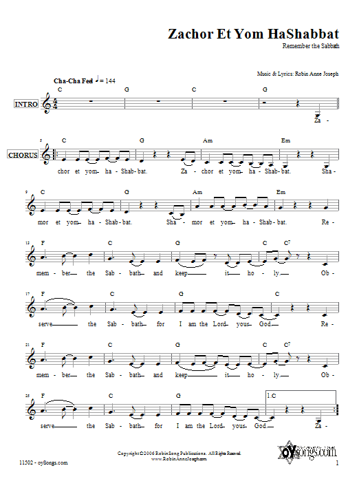 Robin Joseph Zachor et Yom HaShabbat Sheet Music Notes & Chords for Melody Line, Lyrics & Chords - Download or Print PDF